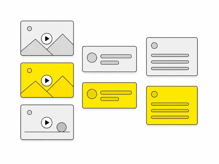 Clean flat-vector illustration on a pure white (#ffffff) background. Three columns of simple rectangular ad-creative car