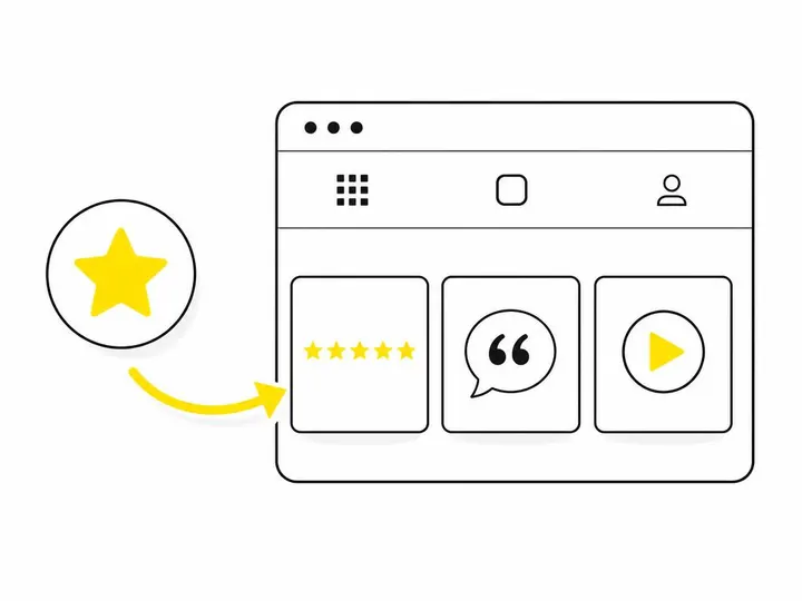 A clean flat-vector illustration on a pure white (#ffffff) background. A simplified Instagram feed grid showing three sq