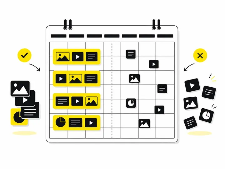 Clean modern flat-vector illustration of a calendar grid with content batch blocks on one side and scattered individual