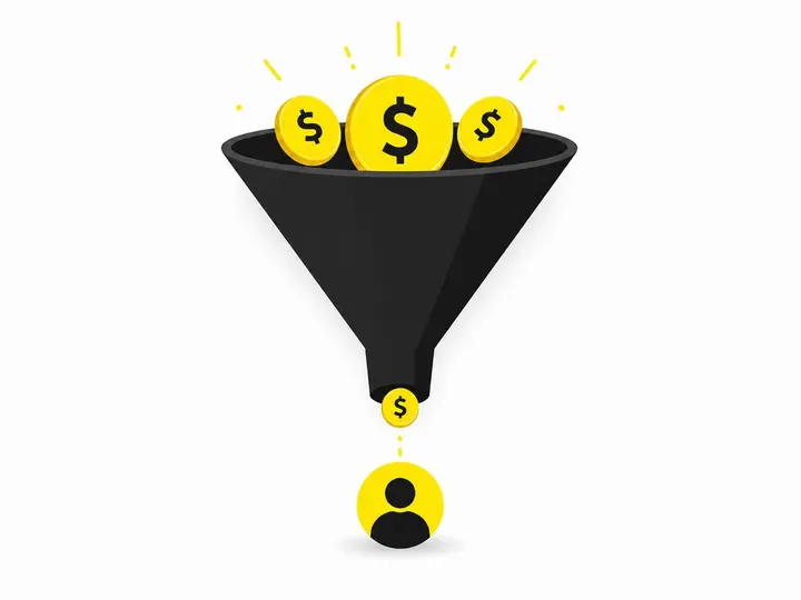 A clean modern flat-vector illustration on a pure white (#ffffff) background showing a single large funnel shape in char
