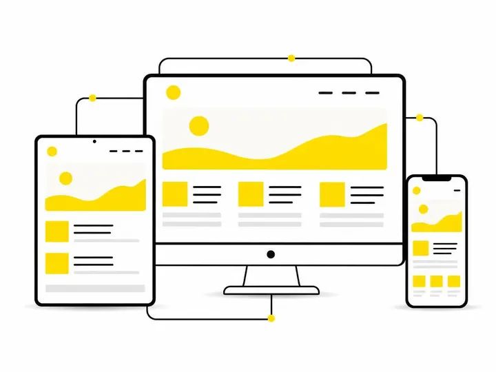 Flat-vector illustration showing website implementation across devices: simplified outlines of a desktop monitor, tablet