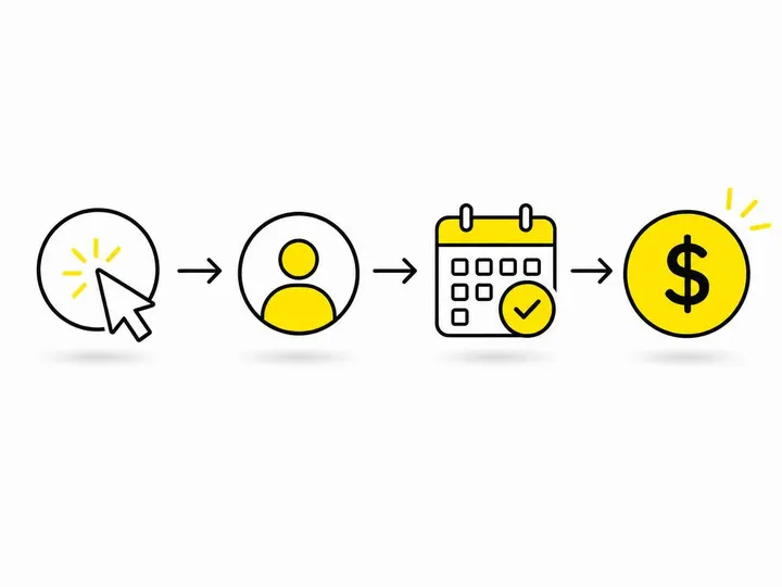 Clean modern flat-vector illustration on a pure white (#ffffff) background. Depicts a simple connected flow from a click