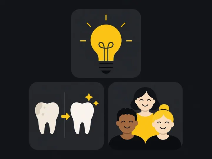 Flat vector illustration showing three content type icons arranged in a grid: a lightbulb representing educational conte