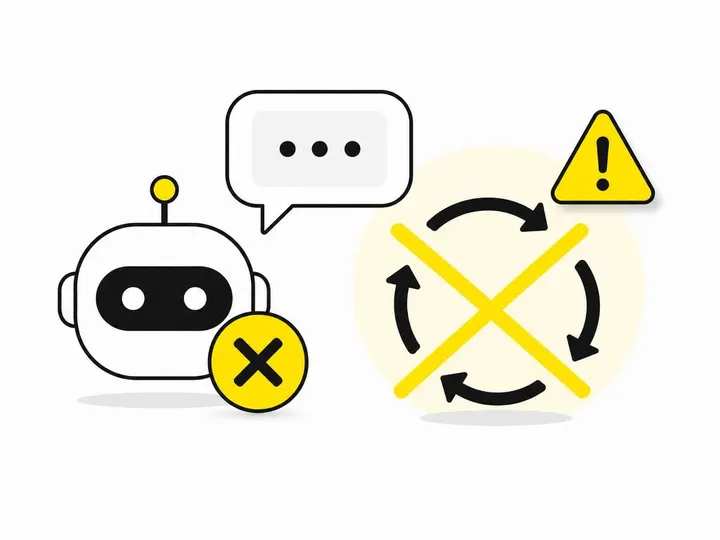 Flat-vector illustration on a clean white (#ffffff) background depicting a simple warning or pitfall concept: a robotic 