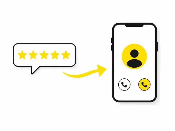 Clean modern flat-vector illustration on a pure white (#ffffff) background. A simple speech bubble with a five-star rati