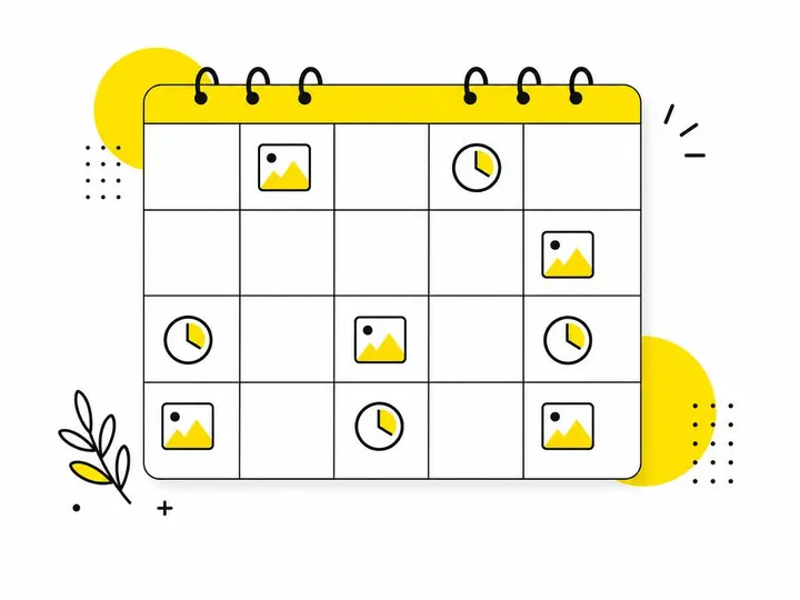 Clean modern flat-vector illustration of a content calendar grid with photo icons and clock symbols arranged in a schedu