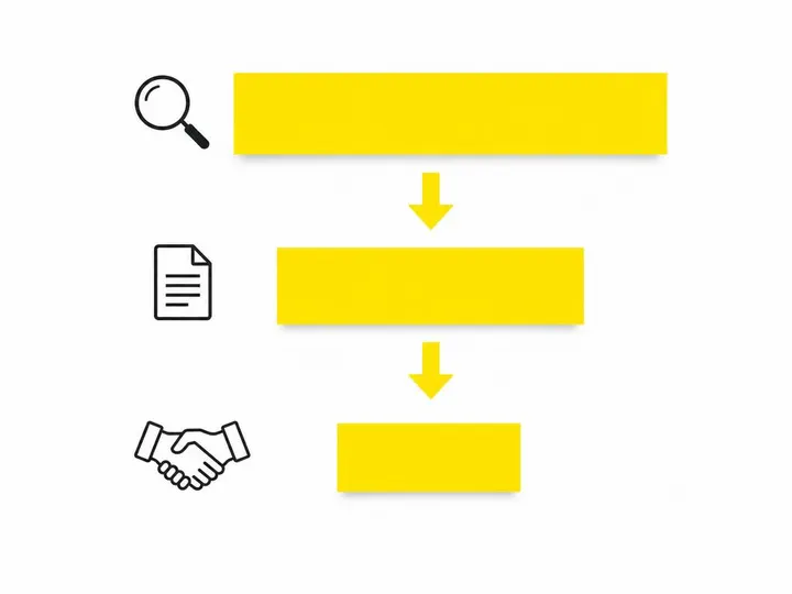 A clean modern flat-vector illustration on a pure white (#ffffff) background. A simplified funnel diagram with three sta