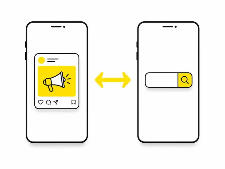 Clean modern flat-vector illustration on a pure white (#ffffff) background. Two simplified smartphone screens side by si
