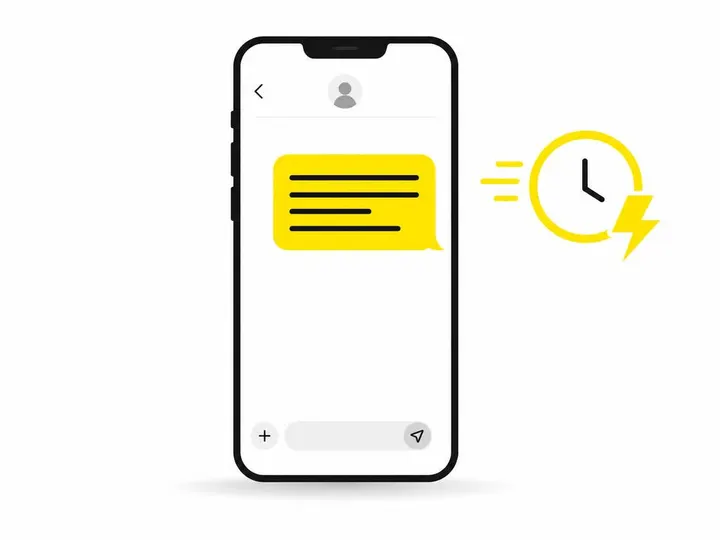 A clean flat-vector illustration on a pure white (#ffffff) background of a smartphone screen displaying a short SMS conv