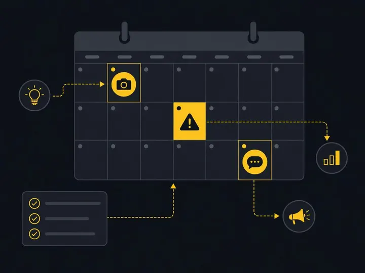 Flat vector illustration of a simplified calendar grid with content icons: a camera symbol, a safety warning triangle, a