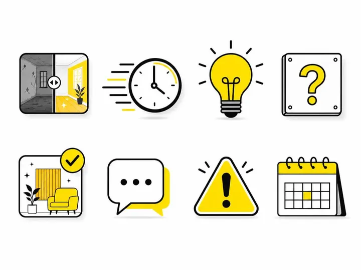 A clean modern flat-vector illustration on a pure white (#ffffff) background: a grid of eight simple icons representing