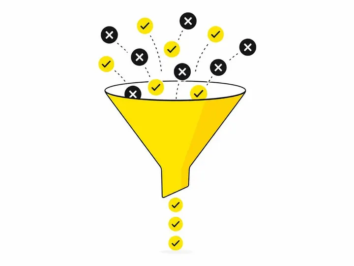 A clean modern flat-vector illustration of a funnel or filter shape with checkmarks and X marks flowing through it, repr