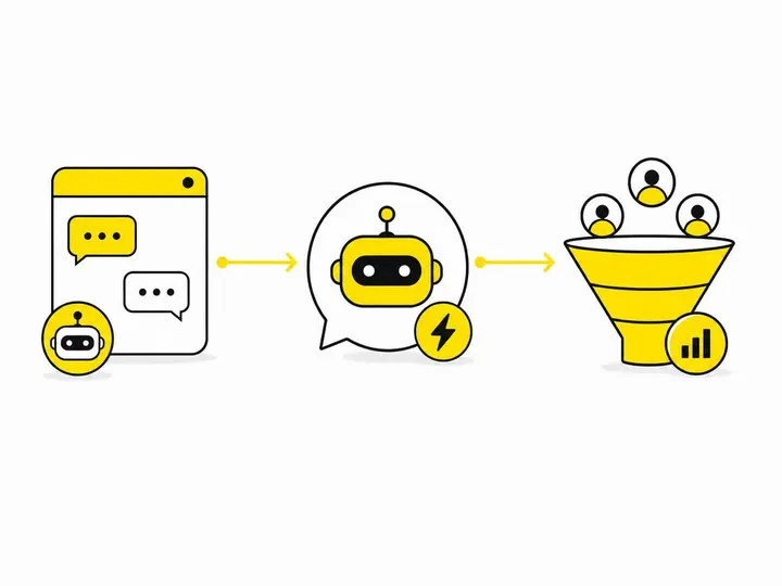 Flat-vector illustration showing a row of AI tool icons (chat widget, messenger bot, CRM funnel) connected by flowing ar