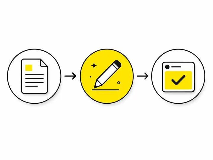 Clean modern flat-vector illustration of a three-step workflow: a document icon flowing into an editing pencil icon flow