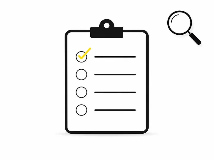 Clean modern flat-vector illustration on a pure white (#ffffff) background. A simple checklist clipboard shape in charco