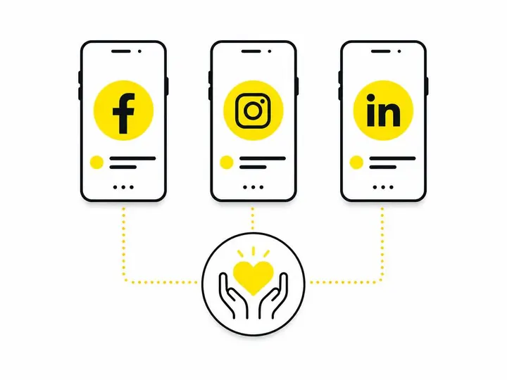 Clean modern flat-vector illustration: three simple smartphone screens side-by-side showing Facebook, Instagram, and Lin