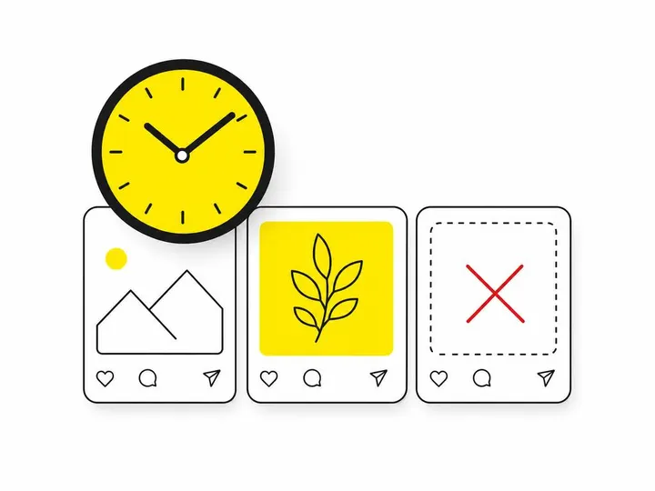 Clean modern flat-vector illustration on a pure white (#ffffff) background. A simple clock icon overlapping a social med