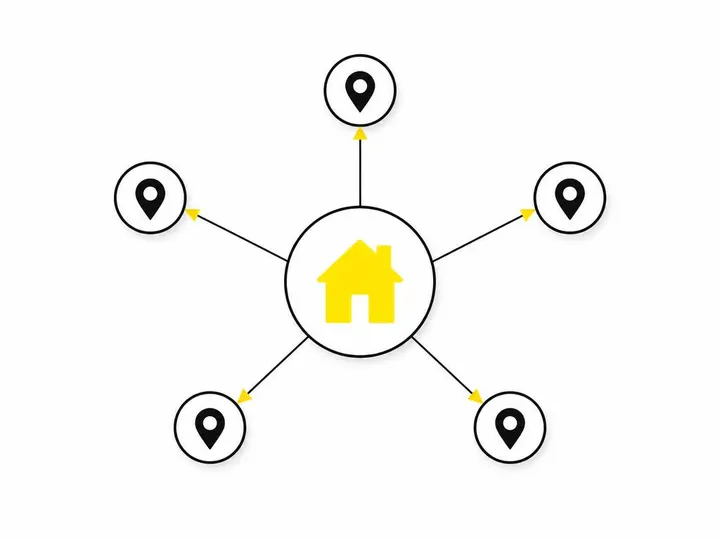 A clean flat-vector illustration on a pure white (#ffffff) background. A hub-and-spoke diagram in dark charcoal (#111111