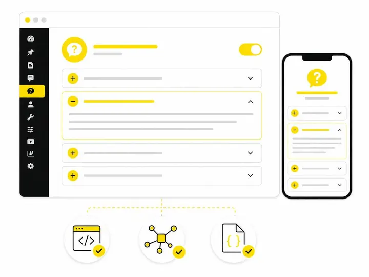 Clean modern flat-vector illustration: a simplified WordPress dashboard interface showing FAQ accordion items expanding