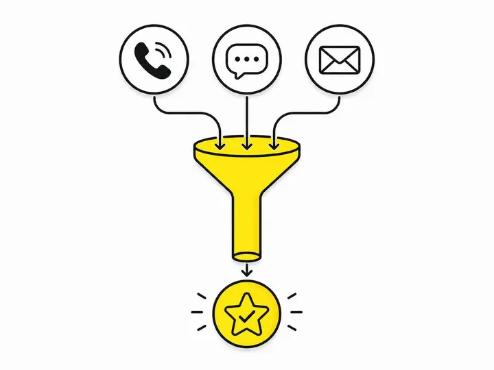A clean flat-vector illustration on a white (#ffffff) background showing a simple funnel diagram: at the top, three smal