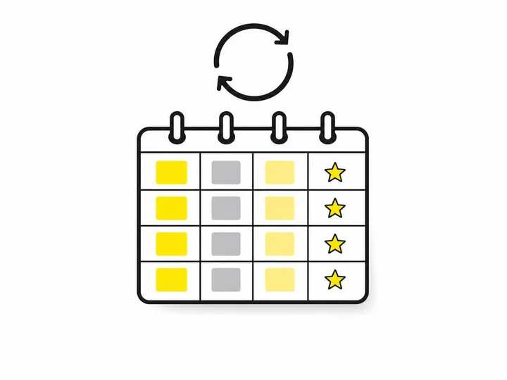 Clean modern flat-vector illustration on a pure white (#ffffff) background. A simple calendar grid icon in charcoal (#11