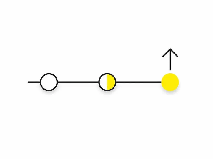 A clean modern flat-vector illustration on a pure white (#ffffff) background. The scene shows a simple timeline: a horiz