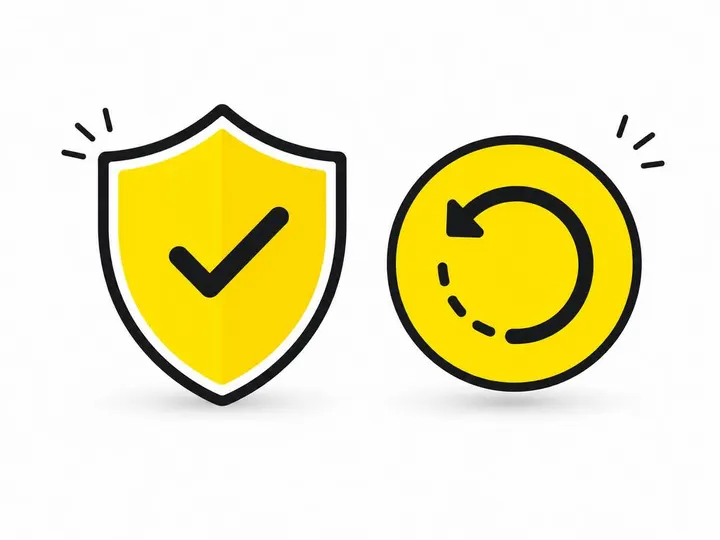 Clean modern flat-vector illustration of a shield symbol with a checkmark and a circular backup arrow icon side by side,