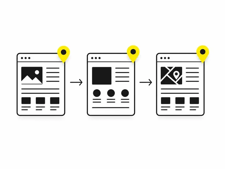 Clean modern flat-vector illustration on a pure white (#ffffff) background. A set of three simplified webpage document i