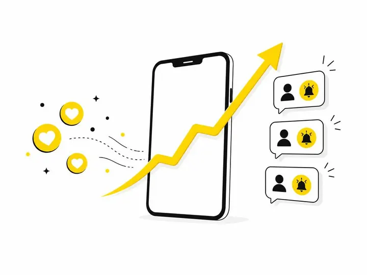 Clean modern flat-vector illustration showing a simple smartphone with upward-trending arrow graph emerging from screen,
