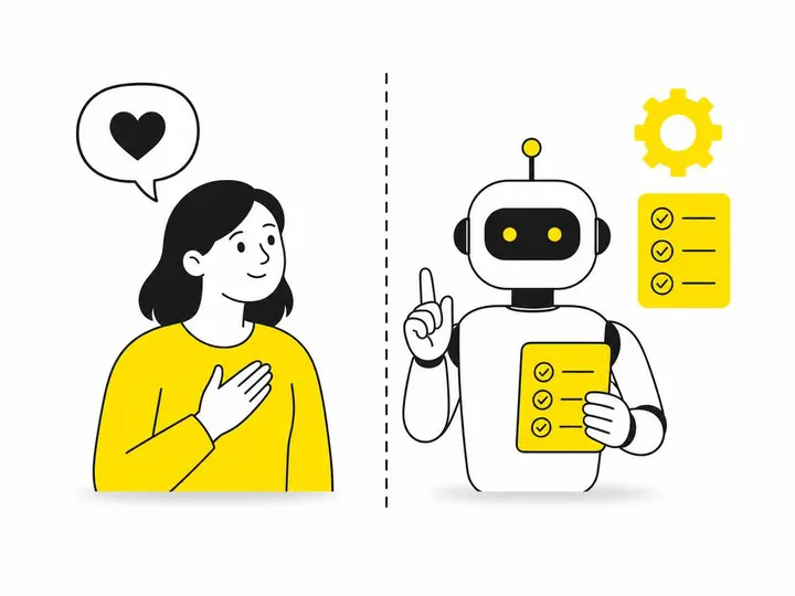 A clean flat-vector illustration on a pure white (#ffffff) background showing a human and a robot figure side by side, s