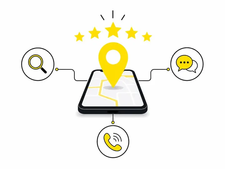 Clean modern flat-vector illustration: a smartphone with a Google Maps pin and star ratings floating above it, connected