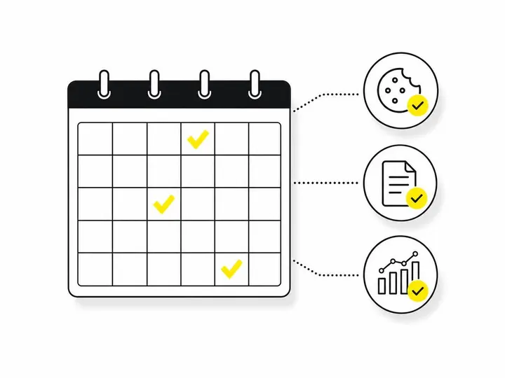Clean modern flat-vector illustration showing a maintenance checklist concept: a simplified calendar grid in dark charco