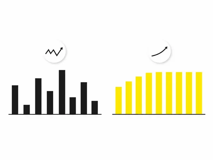 A clean modern flat-vector illustration on a pure white (#ffffff) background depicting two simple column charts side by 