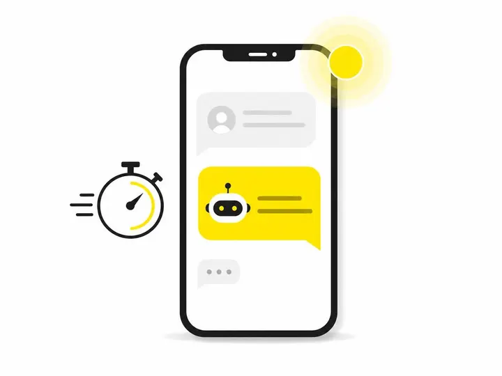Clean modern flat-vector illustration on a pure white (#ffffff) background. A smartphone with a chat-bubble interface on