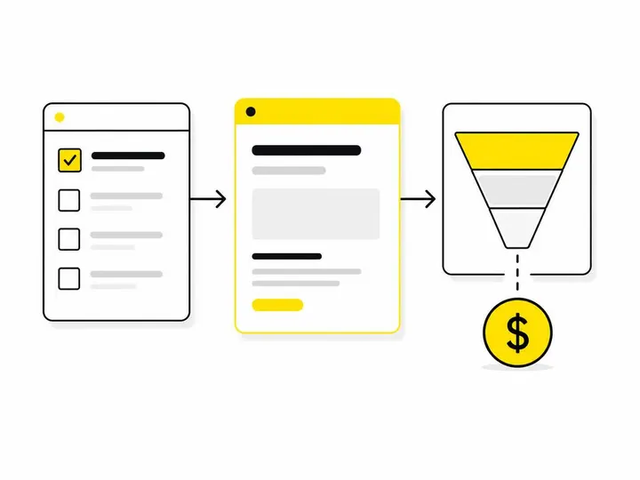 Clean modern flat-vector illustration on a pure white (#ffffff) background. A simplified Google Ads interface diagram: t