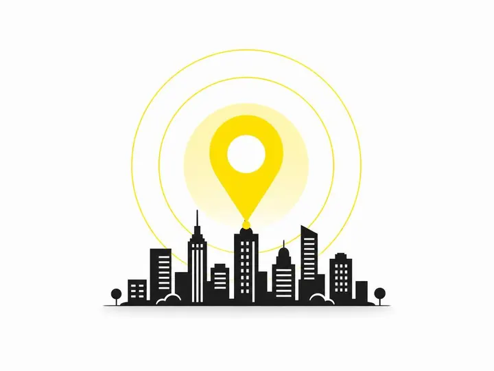 Clean modern flat-vector illustration on a pure white (#ffffff) background. A simplified map pin icon over a stylised ci