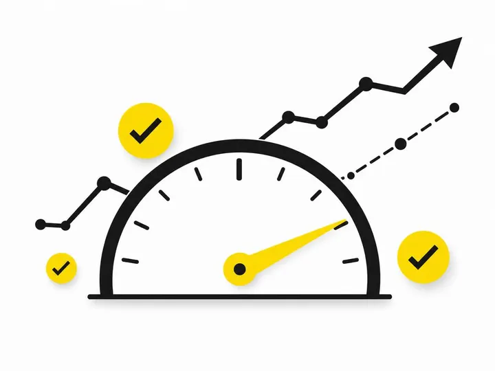 Flat-vector illustration of a simple dashboard gauge or speedometer with a needle pointing to the high end, surrounded b