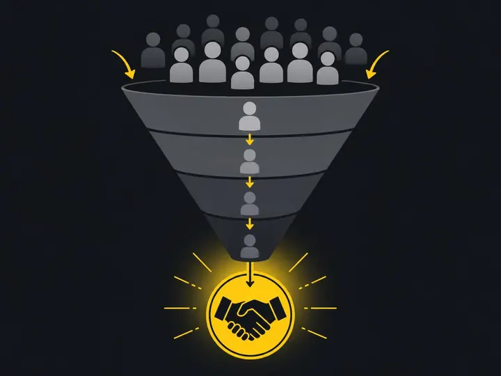 Flat vector illustration showing a simplified funnel shape with abstract human figures at the top flowing down to a hand
