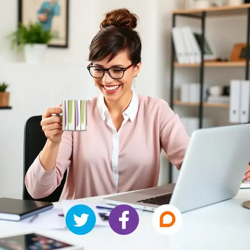 A small business owner working on social media marketing with minimal costs.